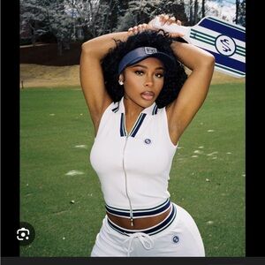 Sleeveless Zip-Front Tennis Tank Top - White with Navy & Green Trim Waydamin